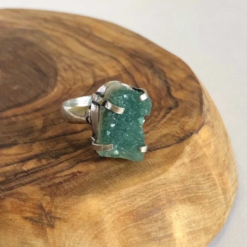 Green Druzy Silver Plated Ring